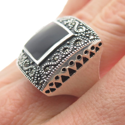 CHAPAL ZENRAY 925 Sterling Silver Abalone Shell & Marcasite Gem Wide Ring Size 7