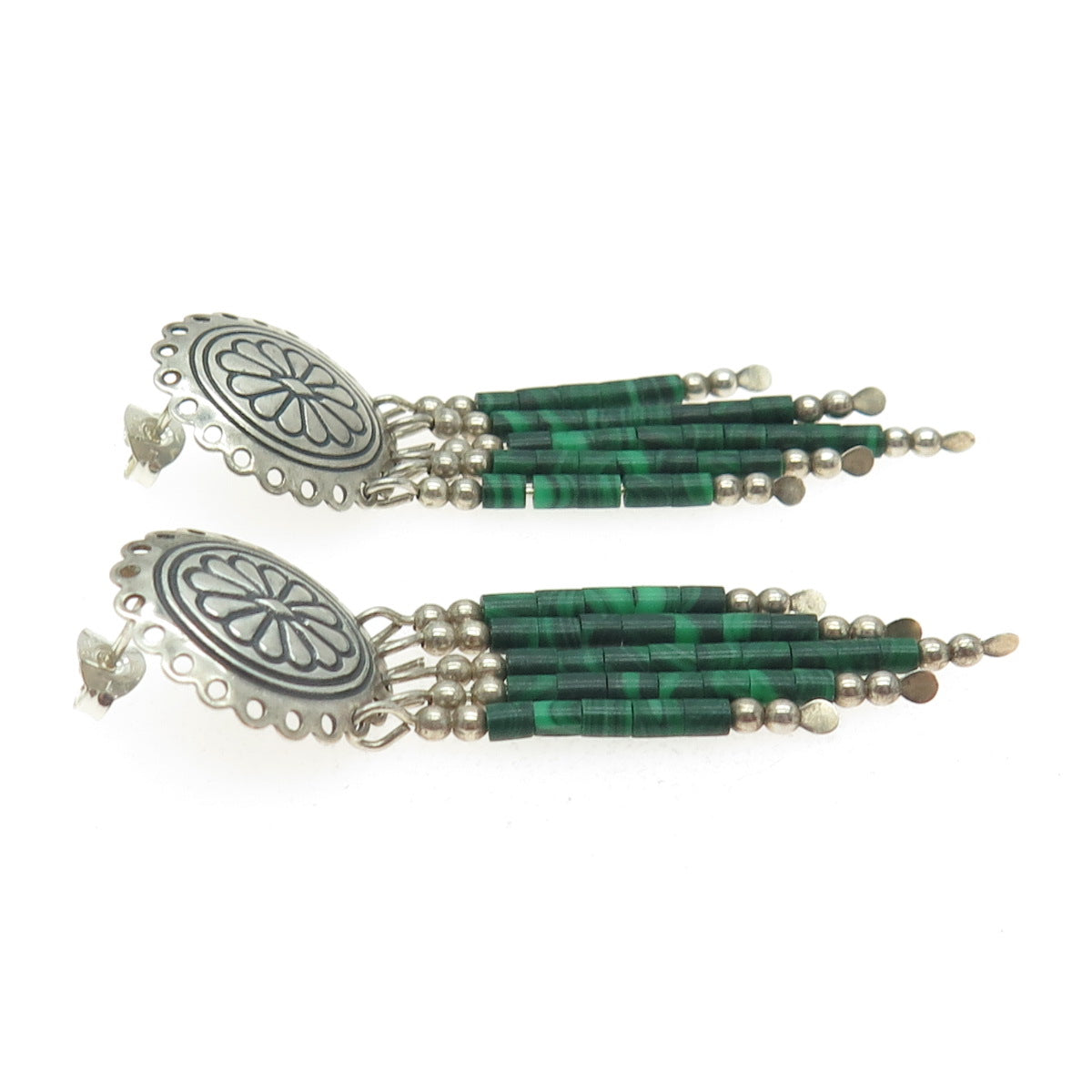 925 Sterling Silver Vintage Real Malachite Gemstone Tribal Dangling Earrings