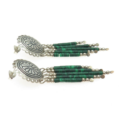 925 Sterling Silver Vintage Real Malachite Gemstone Tribal Dangling Earrings