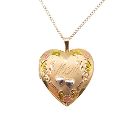 Tru-Kay Sterling Silver Gold Plated Enamel Mom Heart Locket Chain Necklace 18"