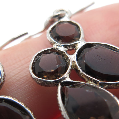 925 Sterling Silver Vintage Real Smoky Quartz Cluster Dangle Earrings