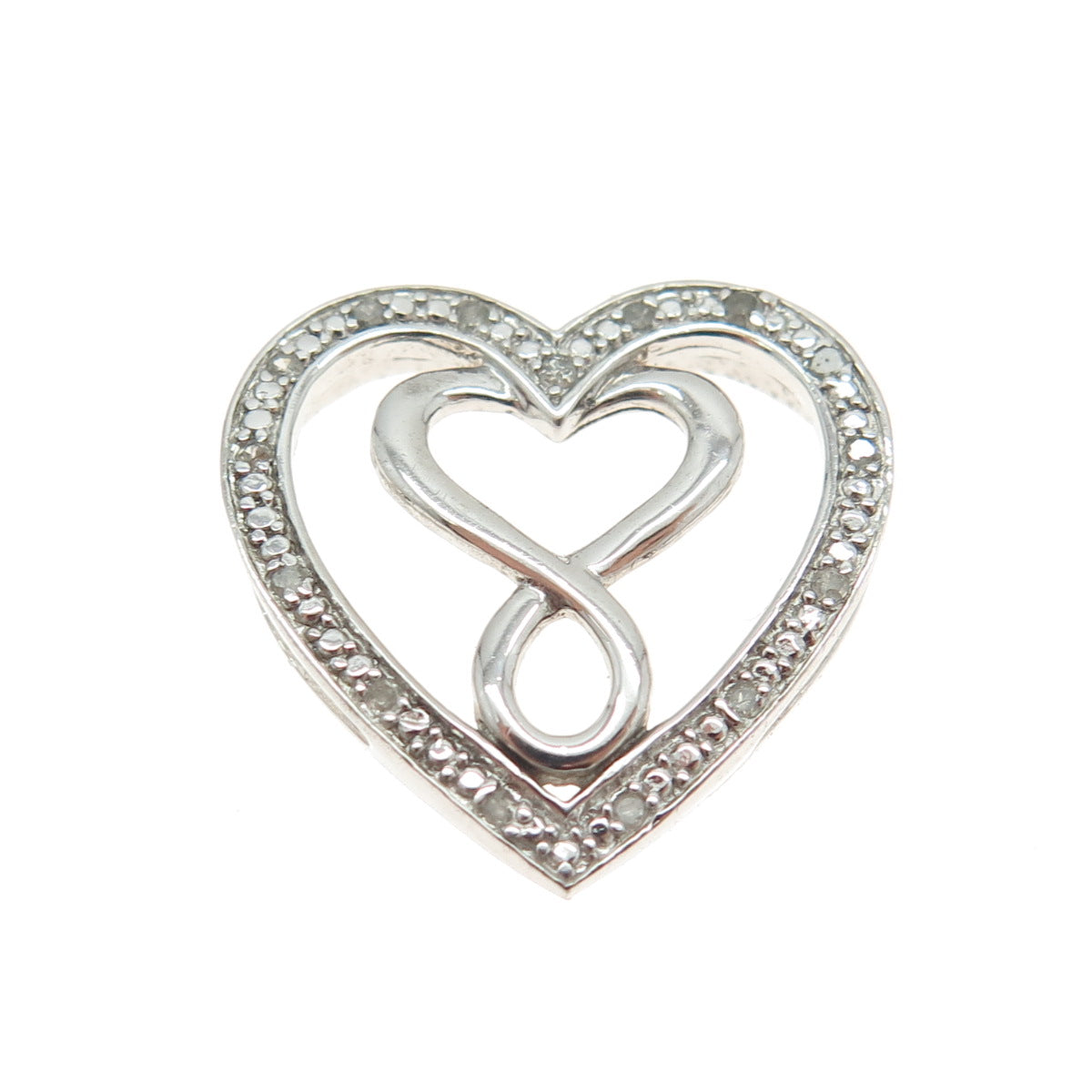 925 Sterling Silver Real Round-Cut Diamond Heart Slide Pendant