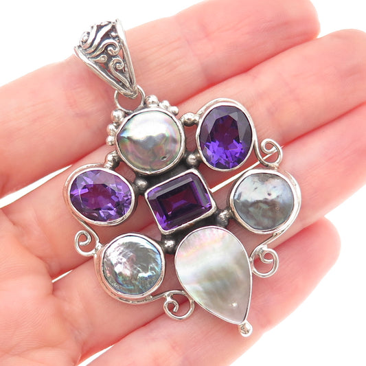925 Sterling Silver Vintage Real Amethyst Pearl & MOP Modernist Cluster Pendant