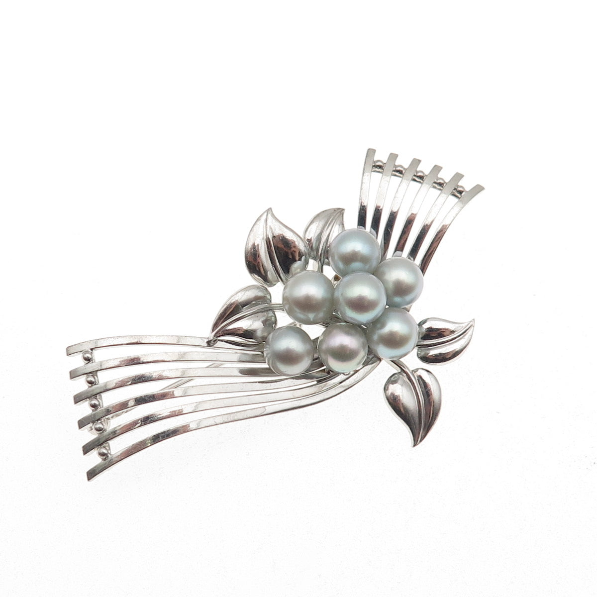925 Sterling Silver Antique Art Deco Real Akoya Pearl Floral Pin Brooch