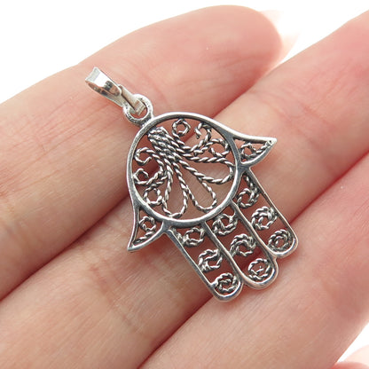 925 Sterling Silver Vintage Filigree Hamsa Amulet Pendant