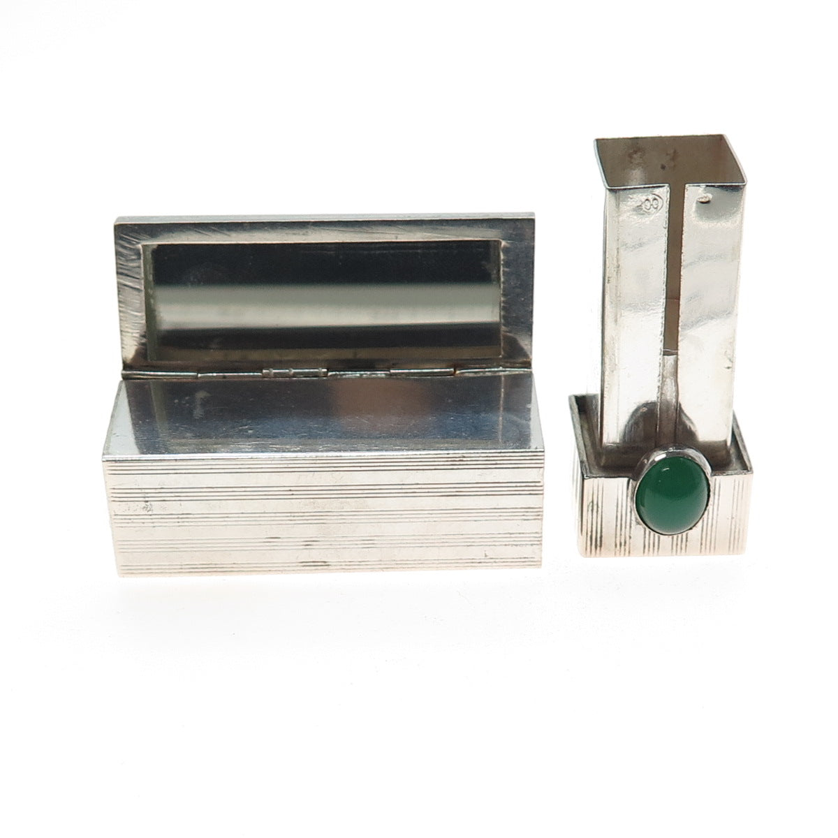 800 Silver Antique Art Deco Italy Real Green Onyx Tube Slide Lipstick Case
