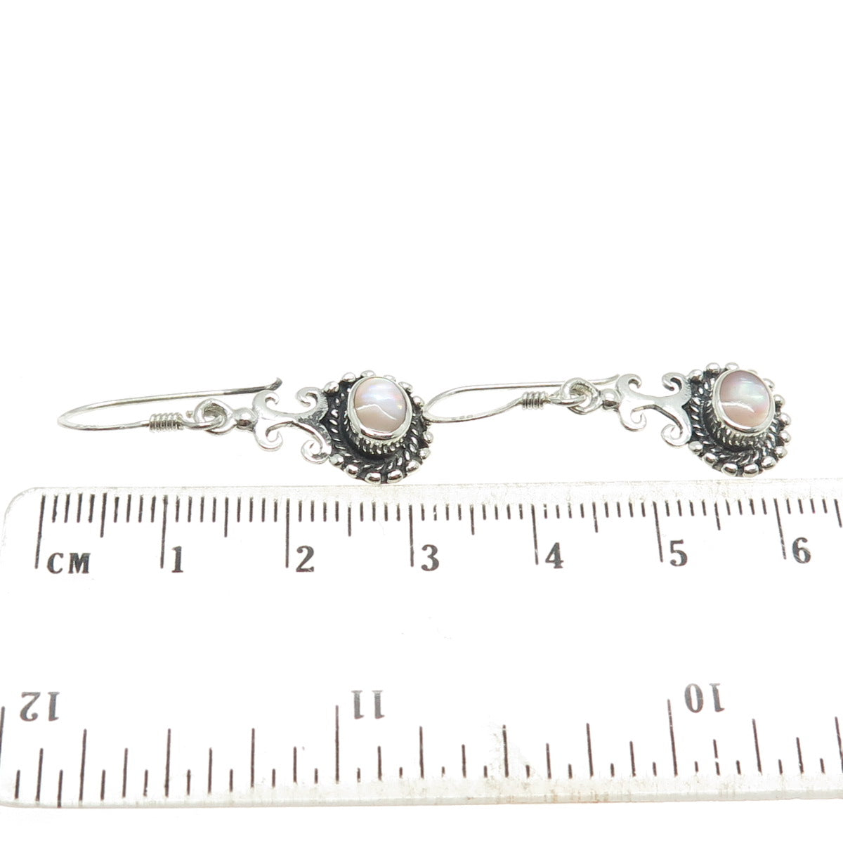 925 Sterling Silver Vintage Real Mother-of-Pearl Boho Dangle Hook Earrings