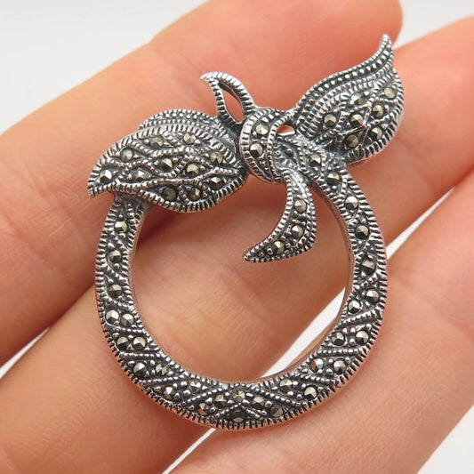 925 Sterling Silver Vintage FAS Real Marcasite Gem Leaf & Circle Pin Brooch