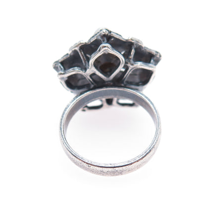 925 Sterling Silver Vintage Real Pearl & Opal Flower Oxidized Ring Size 7.25