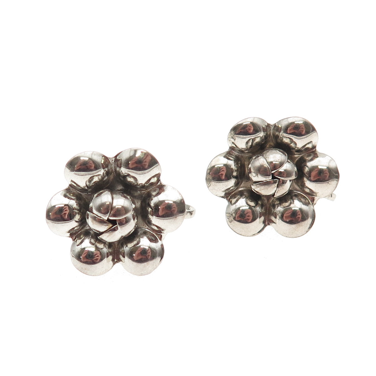 925 Sterling Silver Vintage Flower Oxidized Screw Back Earrings