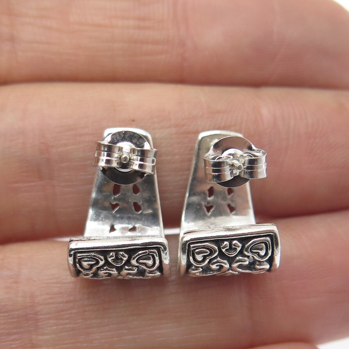 925 Sterling Silver Vintage Ornate Heart Oxidized Earrings