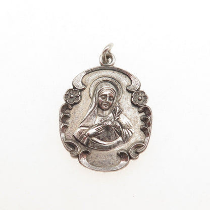 925 Sterling Silver Antique Art Deco St. Mary Miraculous Oxidized Charm Pendant