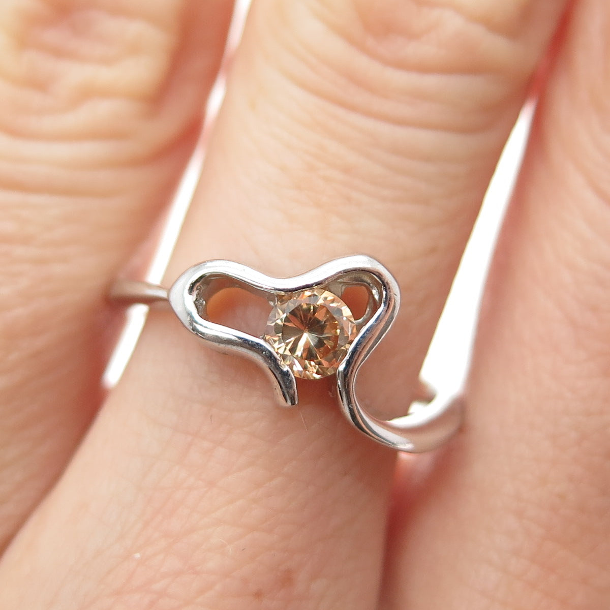 925 Sterling Silver Round-Cut Champagne C Z Modernist Heart Ring Size 8