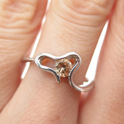 925 Sterling Silver Round-Cut Champagne C Z Modernist Heart Ring Size 8