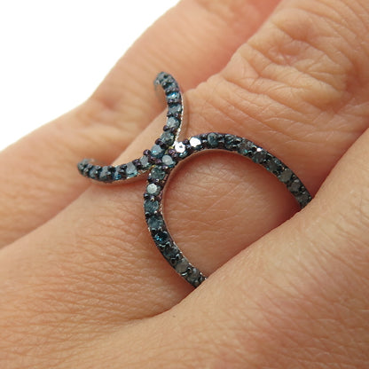 925 Sterling Silver Real Round-Cut Fancy Blue Diamond Hug Ring Size 7.25