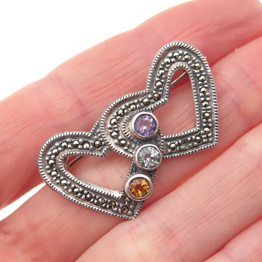 Sterling Vintage Topaz Citrine Amethyst Marcasite Heart Brooch (missing 1 stone)