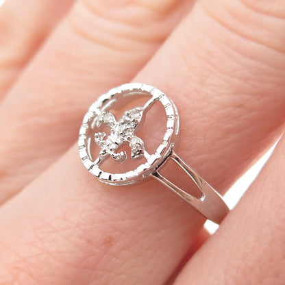 925 Sterling Silver Real Round-Cut Diamond Fleur de Lis Ring Size 7