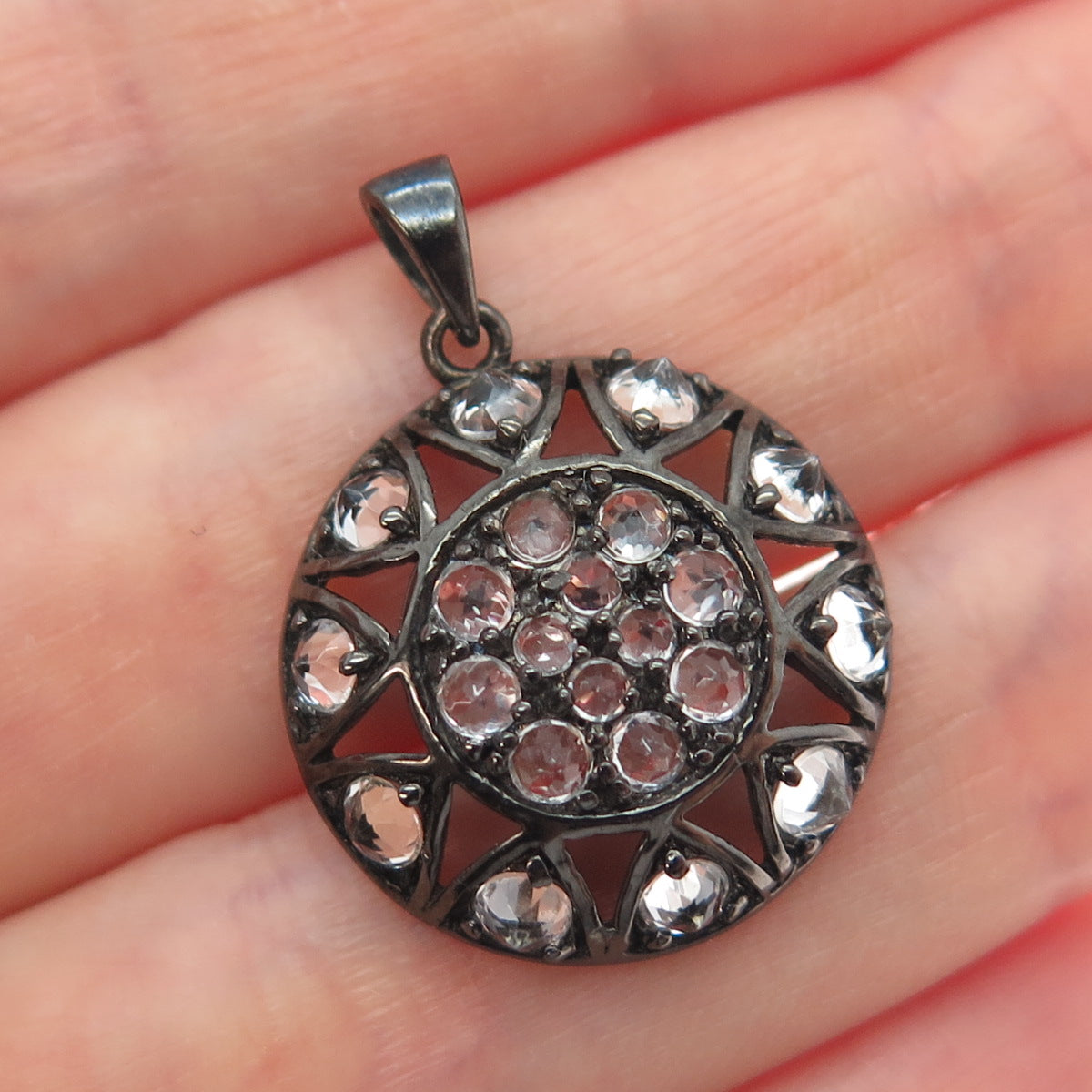 925 Sterling Silver Black Rhodium Real Round-Cut White Topaz Charm Pendant