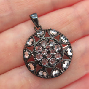 925 Sterling Silver Black Rhodium Real Round-Cut White Topaz Charm Pendant