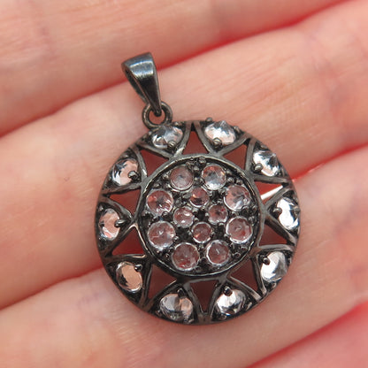 925 Sterling Silver Black Rhodium Real Round-Cut White Topaz Charm Pendant