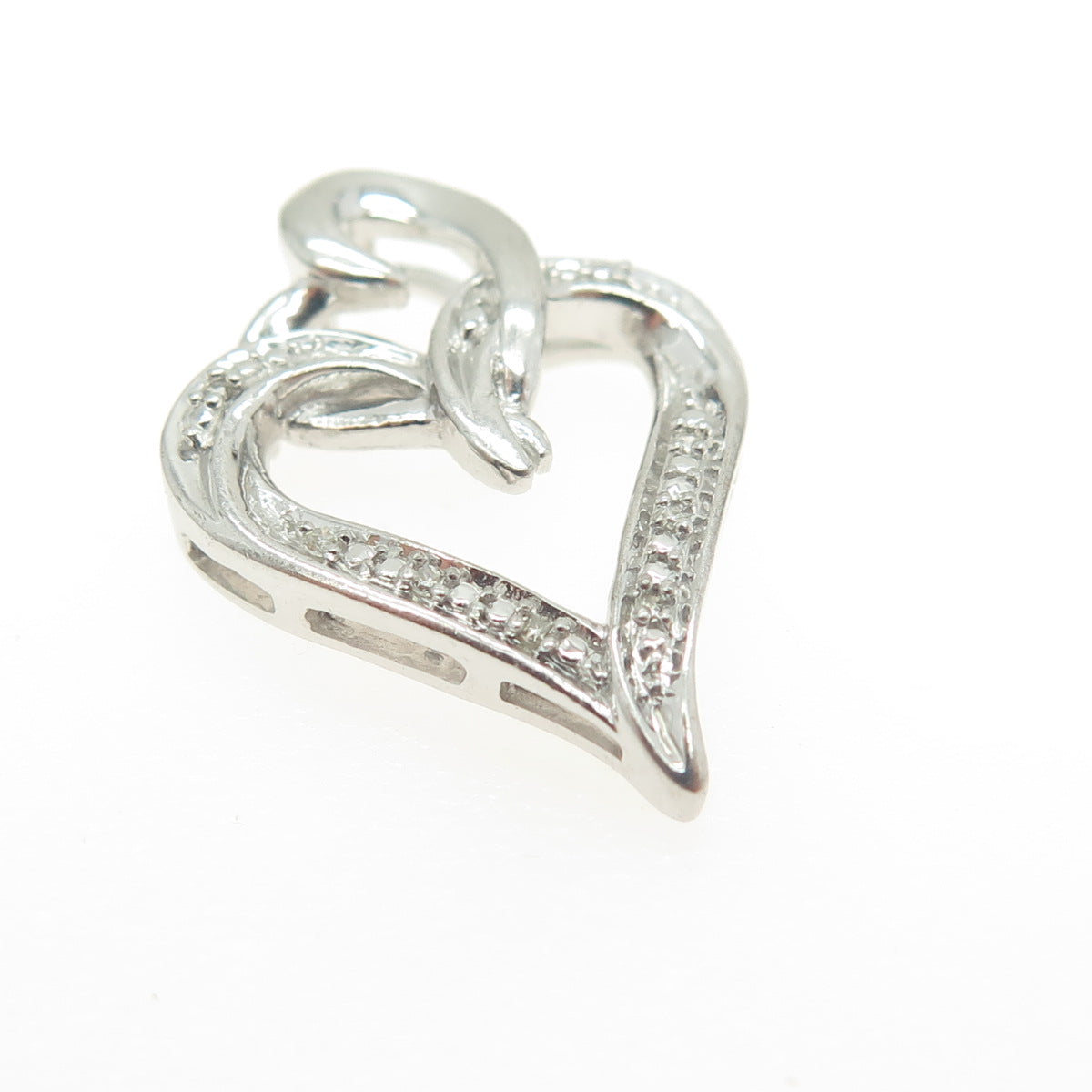 925 Sterling Silver Real Round-Cut Diamond Interlocked Hearts Slide Pendant