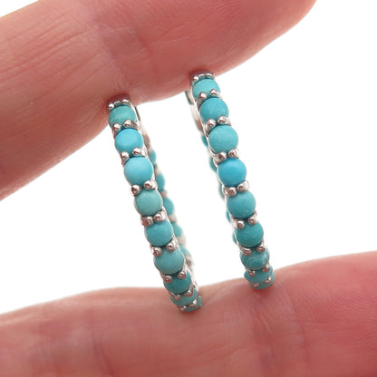 925 Sterling Silver Real Tyrone Turquoise In & Out Hoop Earrings