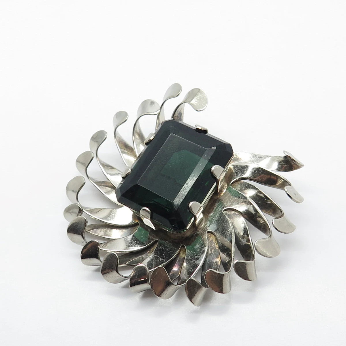 925 Sterling Silver Vintage Green Glass Modernist Pin Brooch