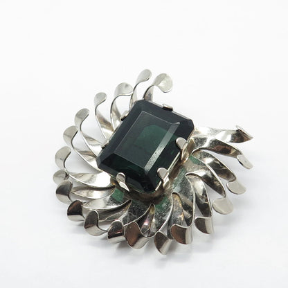 925 Sterling Silver Vintage Green Glass Modernist Pin Brooch
