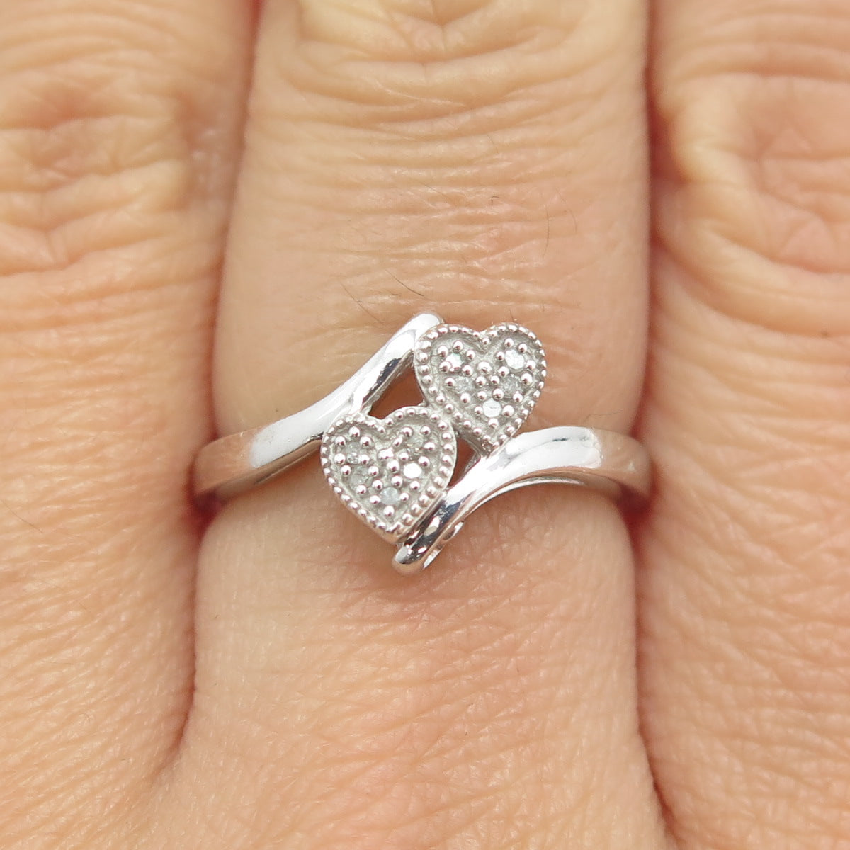 925 Sterling Silver Real Round-Cut Diamond Double Heart Bypass Ring Size 7