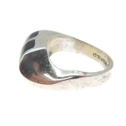 925 Sterling Silver Vintage Mexico Real Black Onyx Modernist Ring Size 6.25