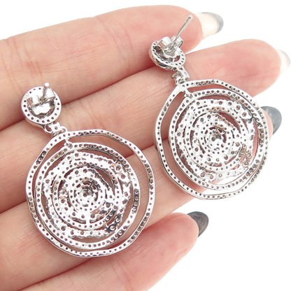 925 Sterling Silver Pave C Z Circle Dangling Earrings