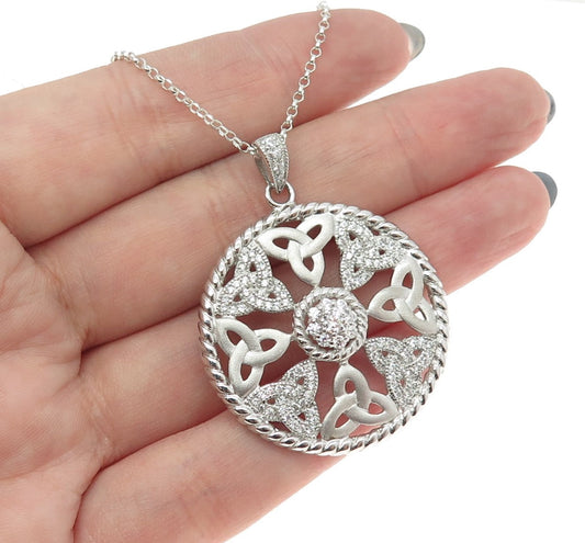 925 Sterling Silver C Z Celtic Trinity Round Pendant Cable Chain Necklace 18"