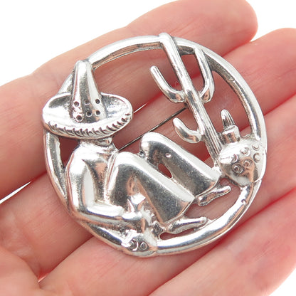 925 Sterling Silver Vintage Mexico Sombrero Man Desert Scene Pin Brooch
