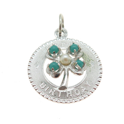 925 Sterling Silver Vintage Real Pearl & Glass "Happy Birthday" Flower Pendant