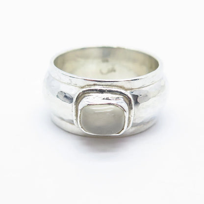 925 Sterling Silver Vintage Real Clear Quartz Hammered Wide Ring Size 8