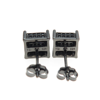 925 Sterling Silver Real Black Spinel Princess Stud Black Rhodium Earrings
