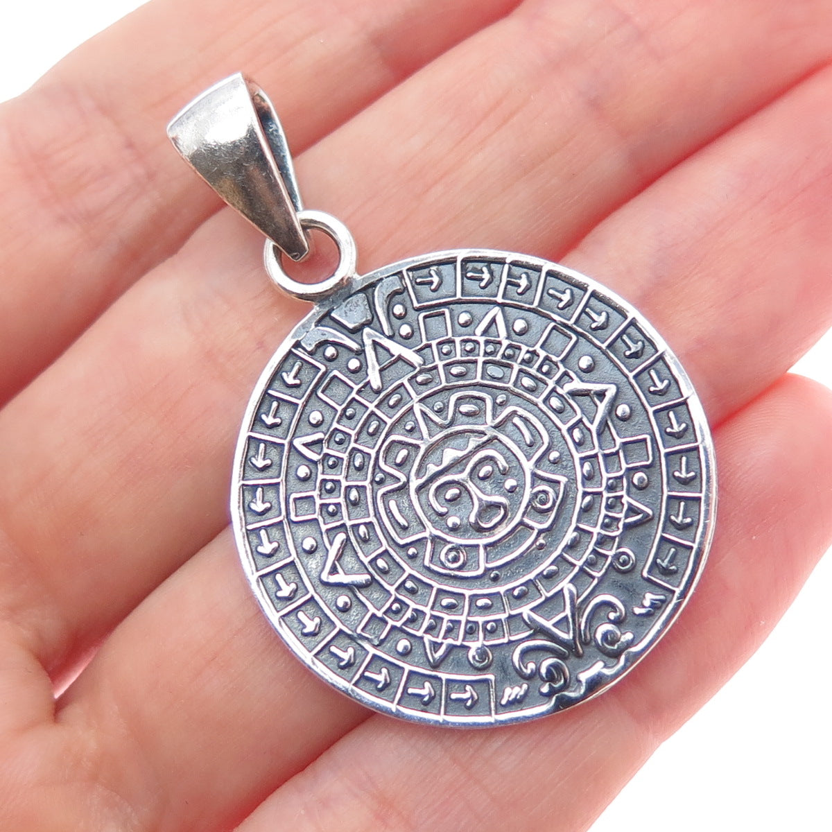 925 Sterling Silver Vintage Mexico Mayan Calendar Oxidized Charm Pendant