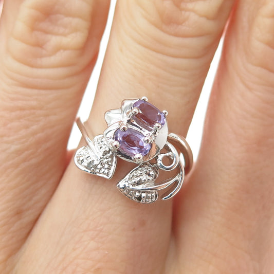 925 Sterling Silver Real Diamond Accent & Amethyst Floral Leaf Ring Size 6.75