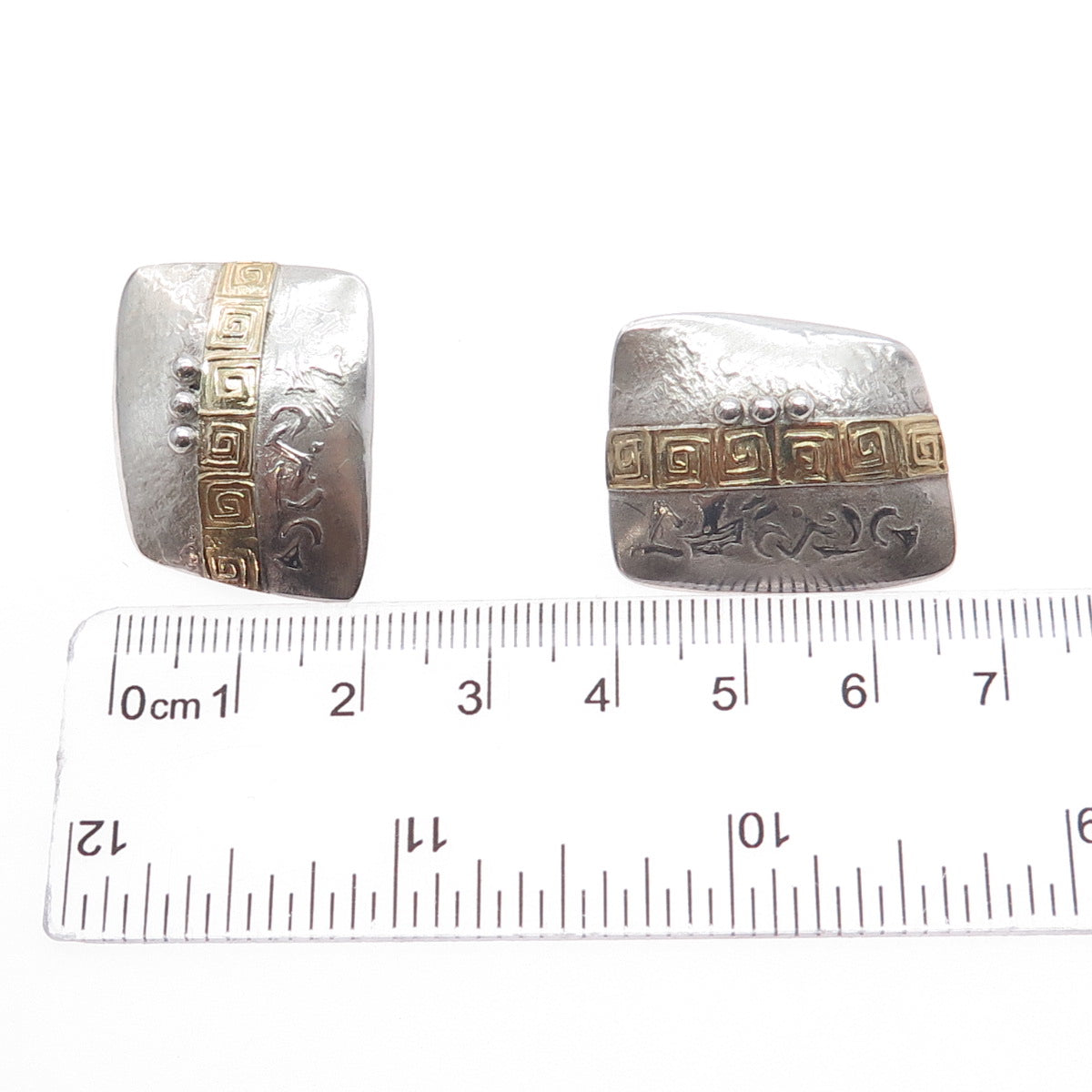 RIR-D 925 Sterling Silver 18K Gold Vintage Modernist Greek Maze Earrings