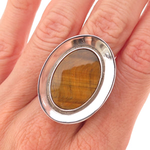 925 Sterling Silver Vintage Mexico Real Tiger Eye Modernist Ring Size 8.75