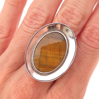 925 Sterling Silver Vintage Mexico Real Tiger Eye Modernist Ring Size 8.75
