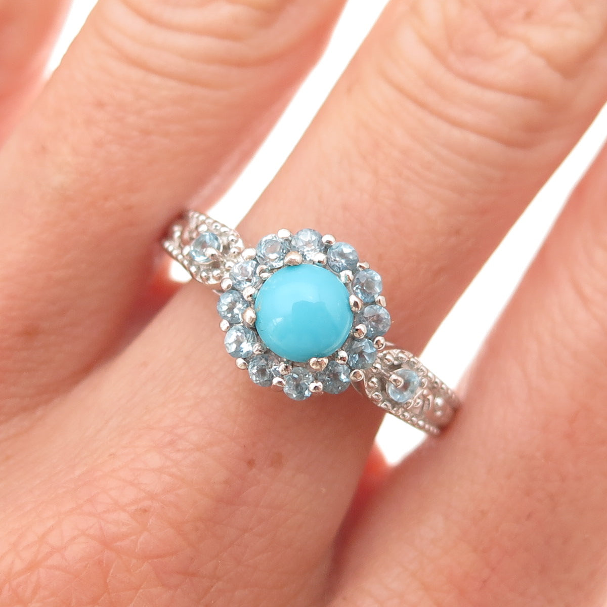 Chuck Clemency 925 Sterling Silver Real Turquoise & Blue Topaz Ring Size 8