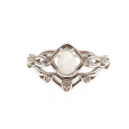 925 Sterling Silver Vintage Real Moonstone & C Z Oxidized Ring Size 9.25