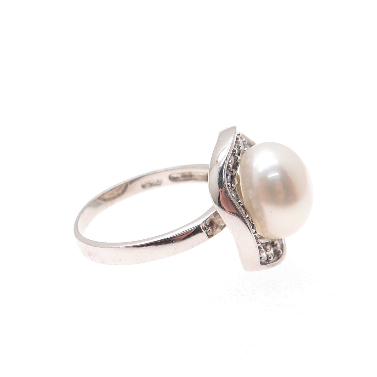 925 Sterling Silver Real Pearl & Round-Cut C Z Modernist Ring Size 7.25