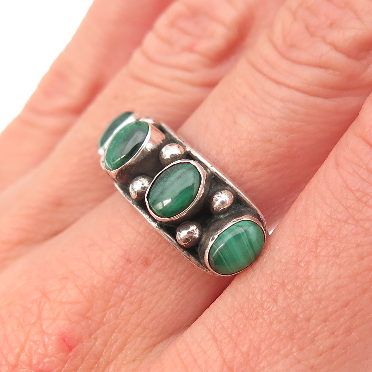 925 Sterling Silver Vintage Real Malachite Oxidized Ring Size 7.75