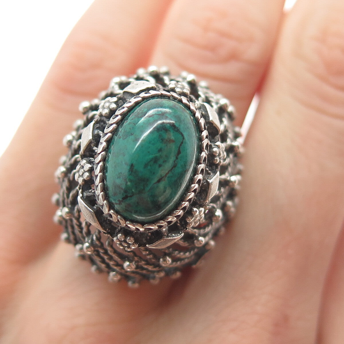 925 Sterling Silver Vintage Israel Eilat Gem Ethnic Domed Adjustable Ring Size 8