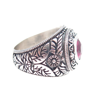925 Sterling Silver Antique Art Deco Real Ruby Floral Oxidized Ring Size 10.25