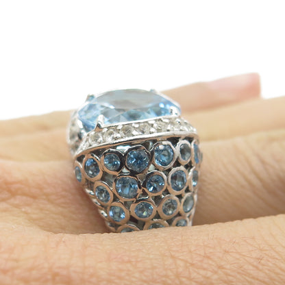925 Sterling Silver Real Round-Cut Blue & White Topaz Ring Size 7