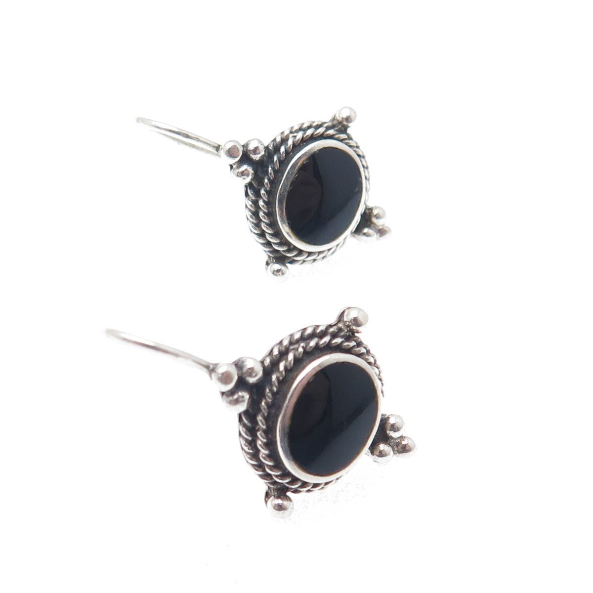 925 Sterling Silver Vintage Real Black Onyx Beaded Oxidized Earrings