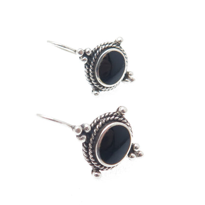 925 Sterling Silver Vintage Real Black Onyx Beaded Oxidized Earrings